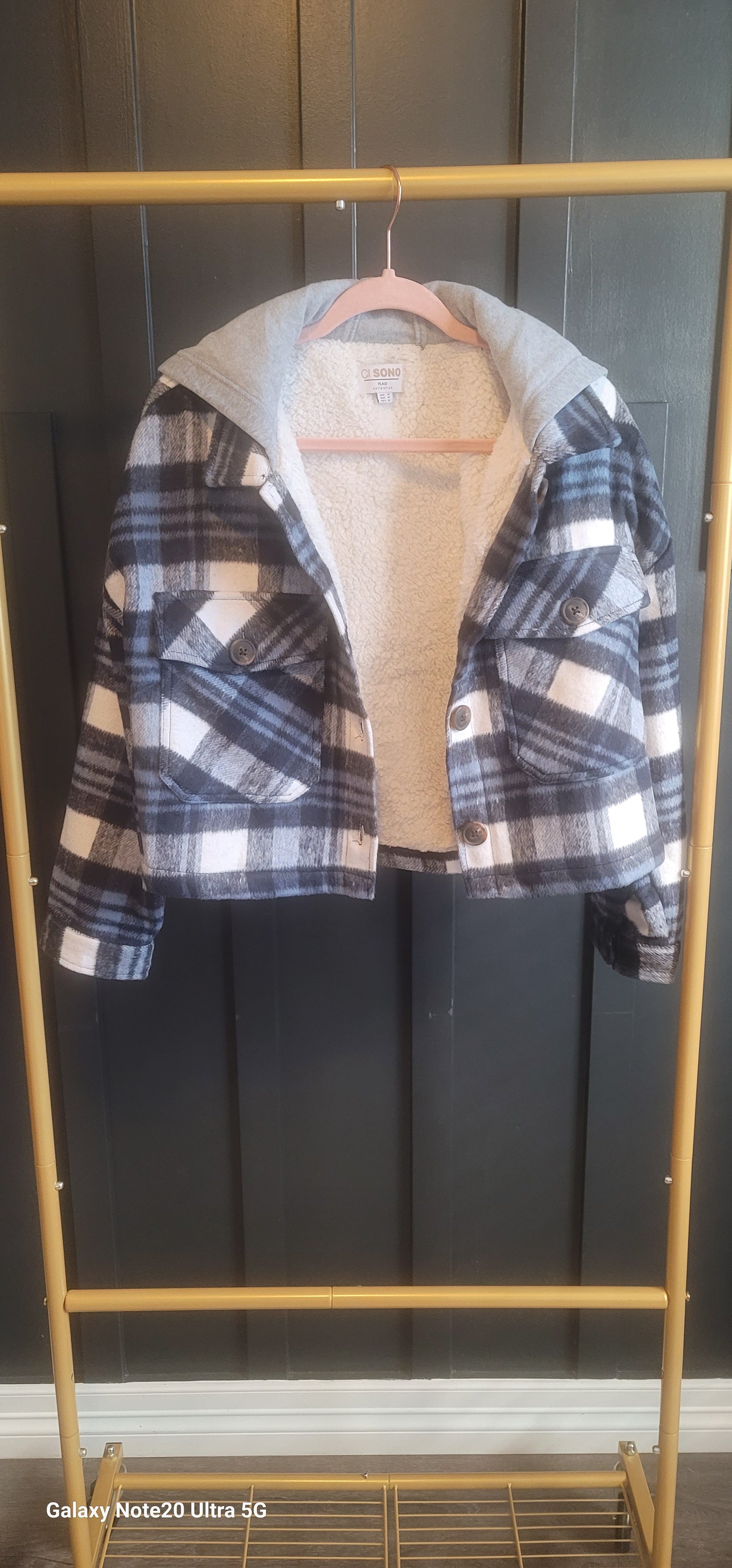 Blue hooded faux fur shacket