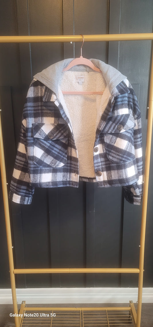 Blue hooded faux fur shacket