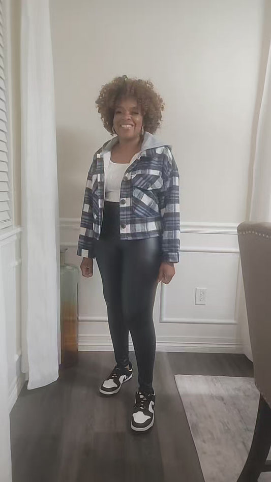 Blue hooded faux fur shacket